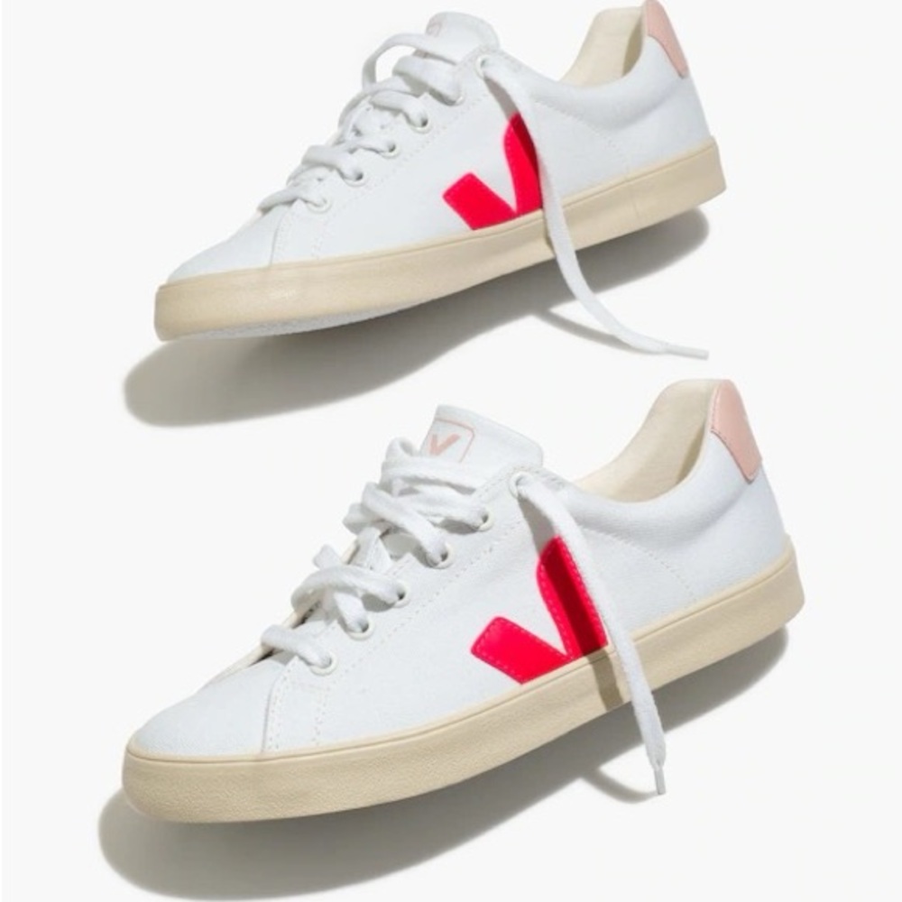 Veja Women’s White Canvas Sneakers with Bright Pink V and Pale Pink Heel